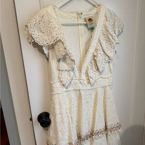 NEW Farm Rio Eyelet Patch Ruffle Beaded Mini Dress SMALL